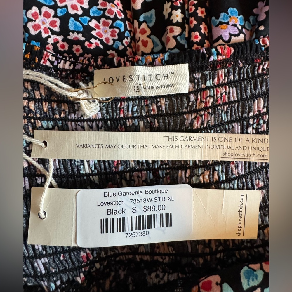 LOVESTITCH Floral Lace Trim Maxi Dress Black Boho Smocked Back Small NWT - Picture 7 of 10